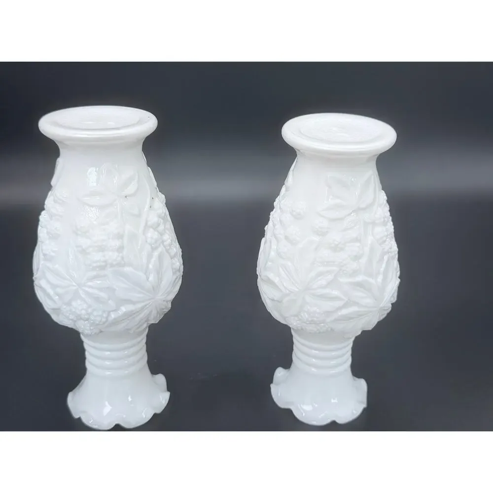 Pair Vintage Imperial Loganberry White Milk Glass Vases 6.25 Inch Ruffled